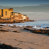 Cannery row appartments at Monterey Bay california with kelp on pacific ocean beach